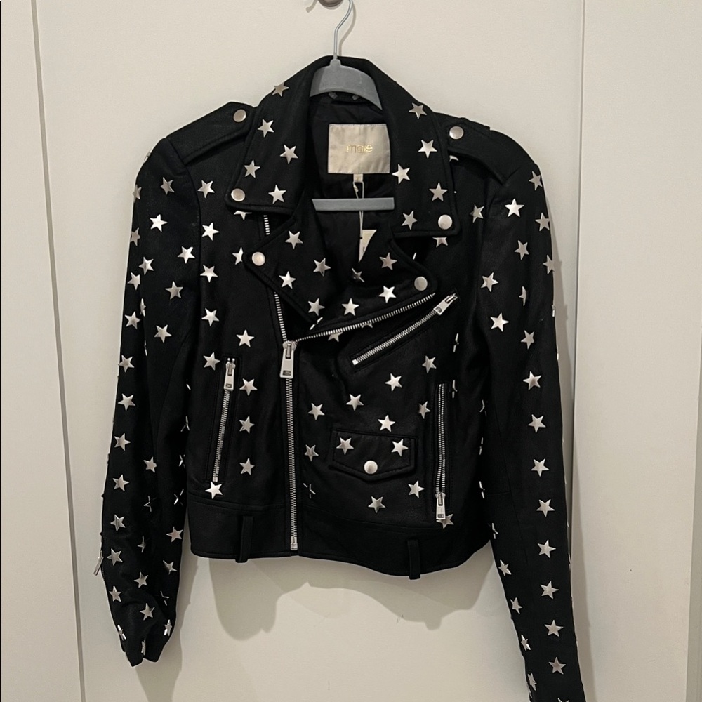 Maje Black Leather Jacket with Silver Star Accents